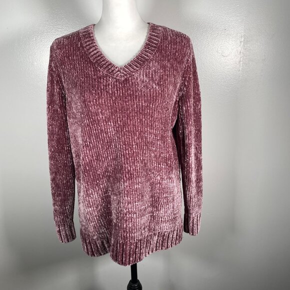 Orvis Burgundy Velvety V Neck  Chunky Tight Knit Long Sleeve Pullover Large - Picture 2 of 14